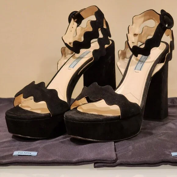 Excellent EU39 PRADA Platform Sandal Black Suede Scalloped - Picture 7 of 8